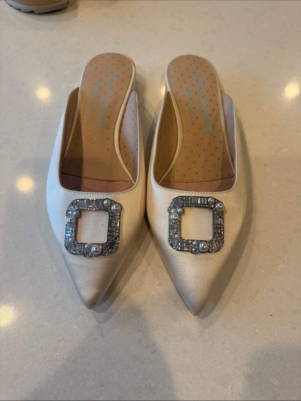 kate spade Ivory Satin Pointed Mule with Crystal Square Buckle